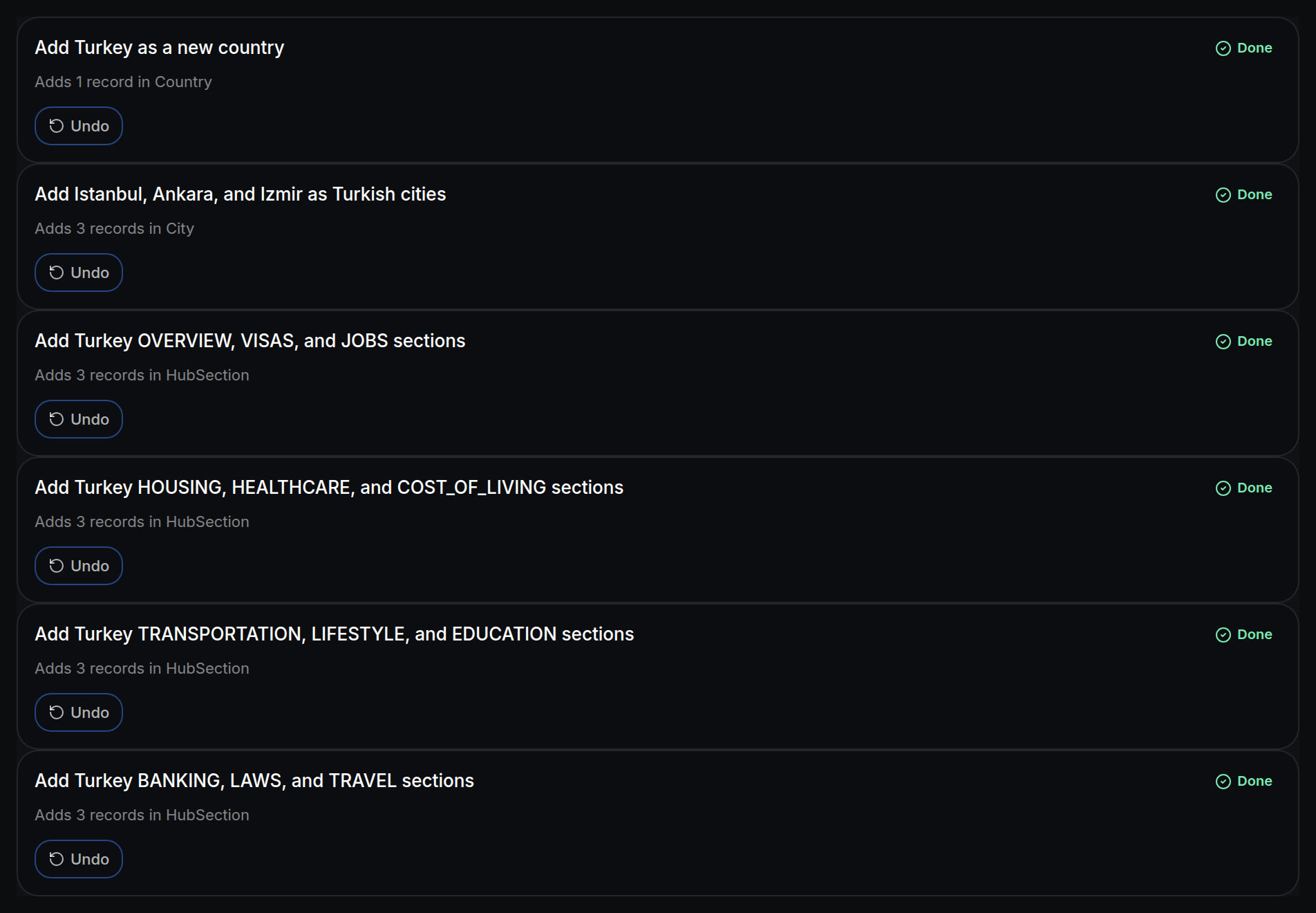 The six changes Pilot made, each marked Done with an Undo button