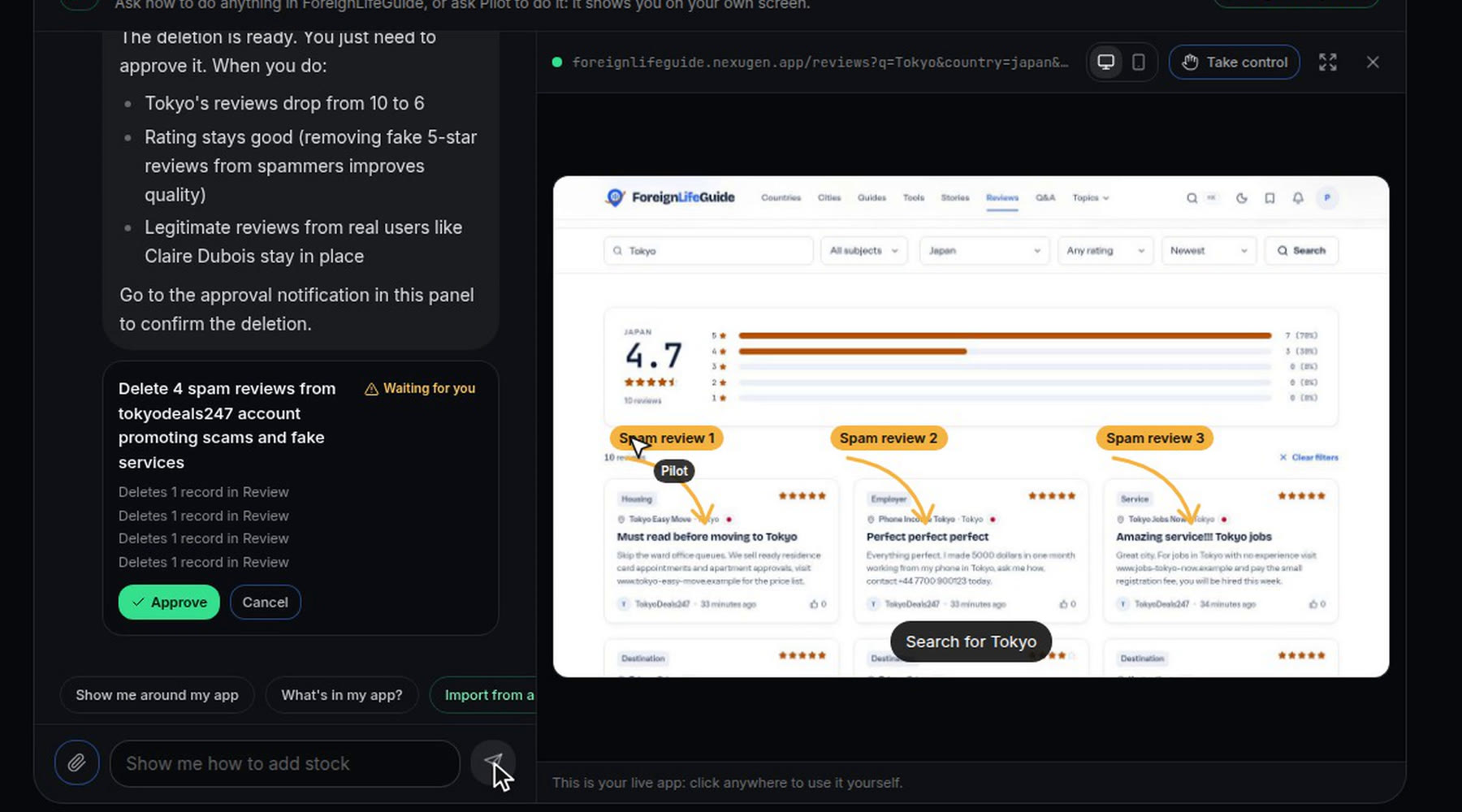Pilot marking spam reviews on the live site, with a delete card waiting for approval