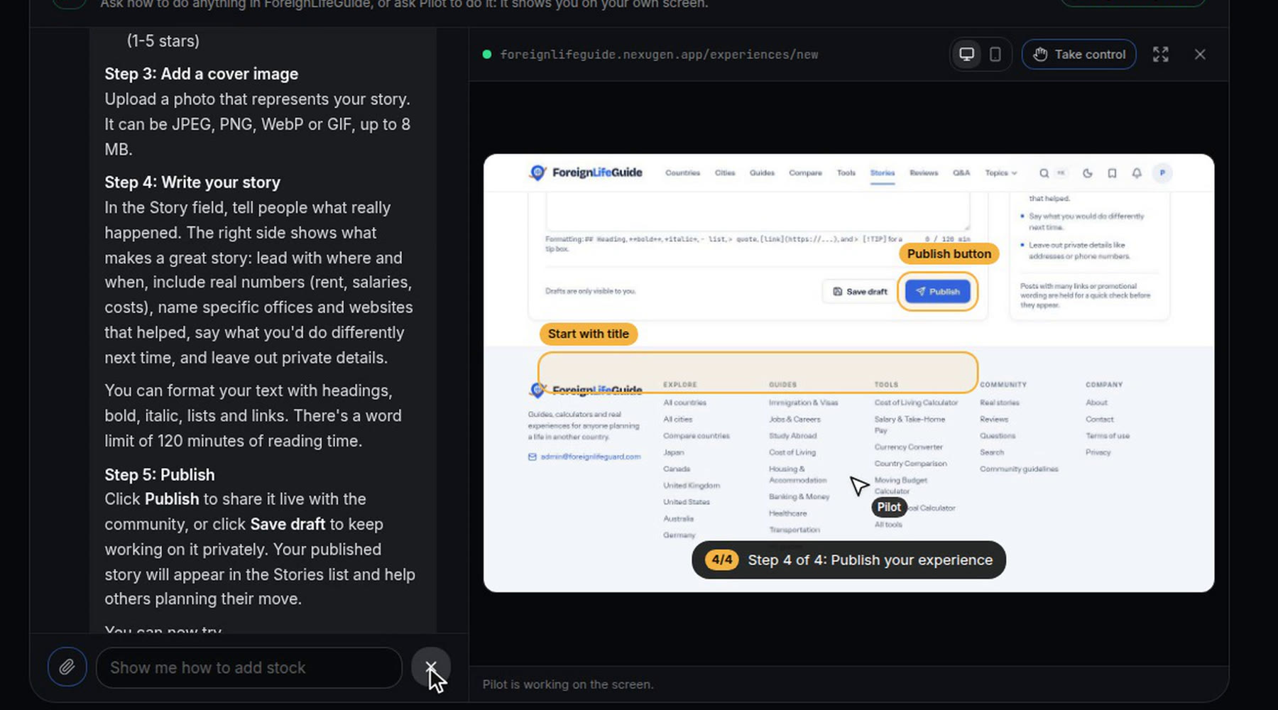 Pilot teaching an owner how to publish a story on their own live app